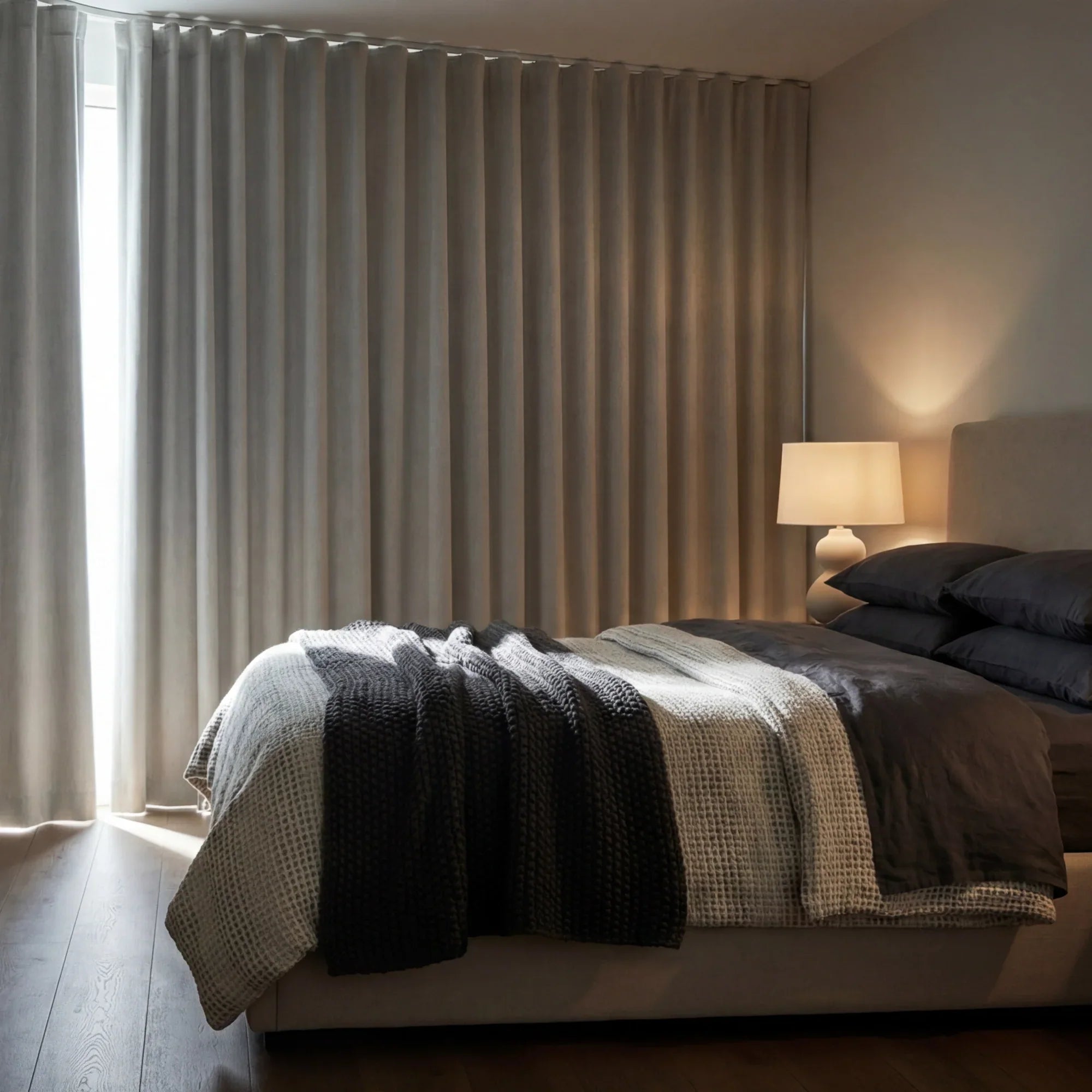Arlise 100% blackout chenille drapes hanging closed, showing the soft pile texture and weight that make chenille naturally opaque