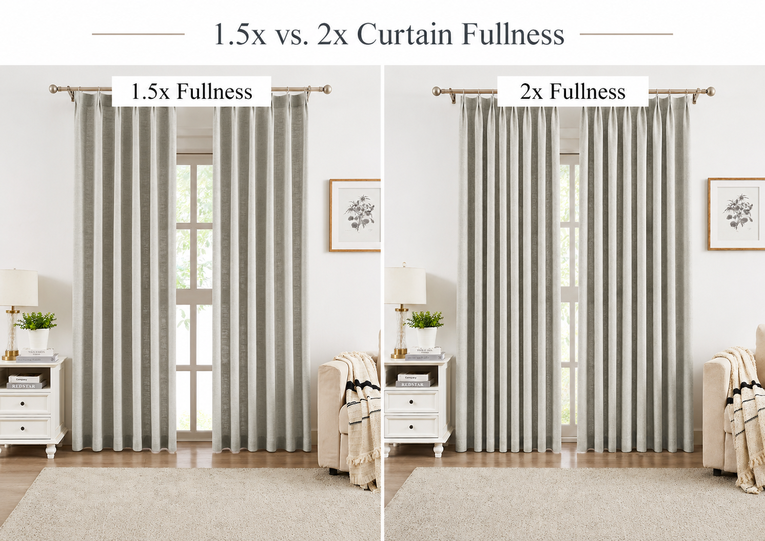 Side-by-side comparison of 1.5x and 2x curtain fullness on linen curtains