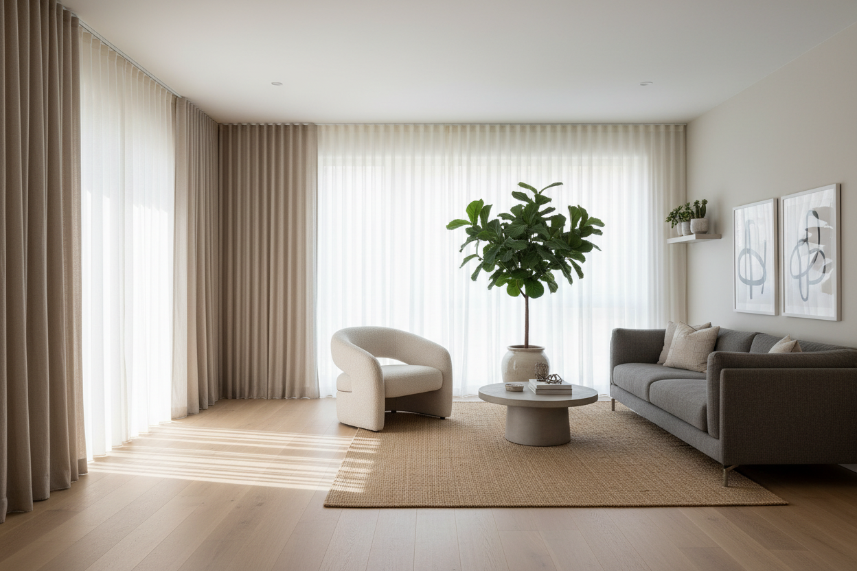 Floor-to-ceiling linen curtains on a ceiling track in a modern living room.