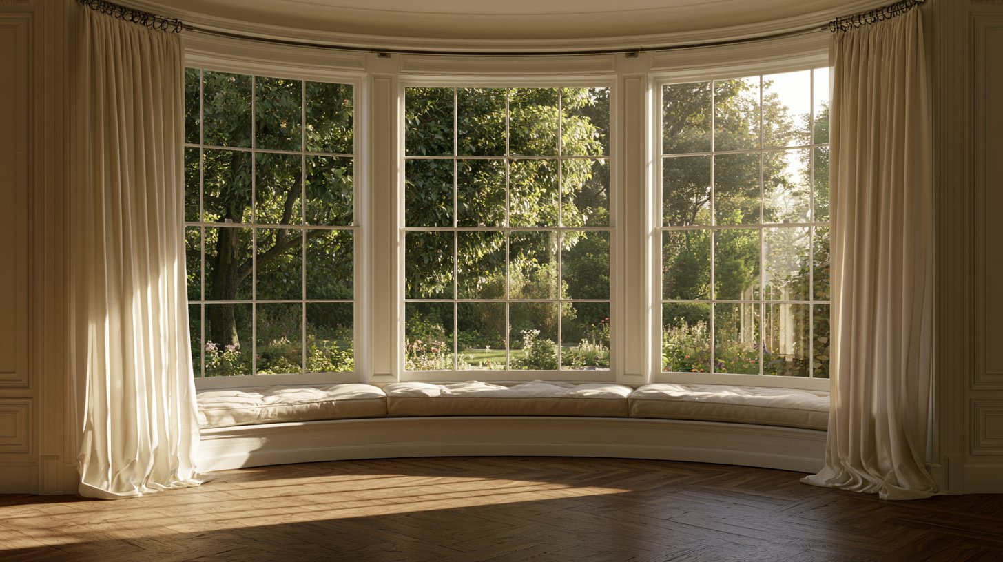 Bay window with a built-in window seat and floor-length curtains on a curved rod following the bay