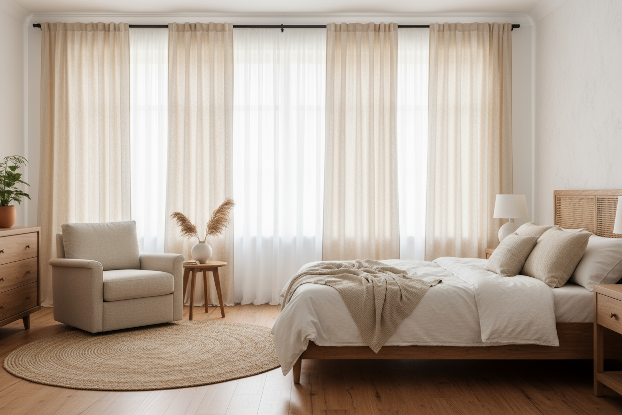 Sunlit bedroom with natural washed-linen pinch-pleat curtains in warm ivory, layered sheers, light oak bed, neutral bedding, soft shadows.