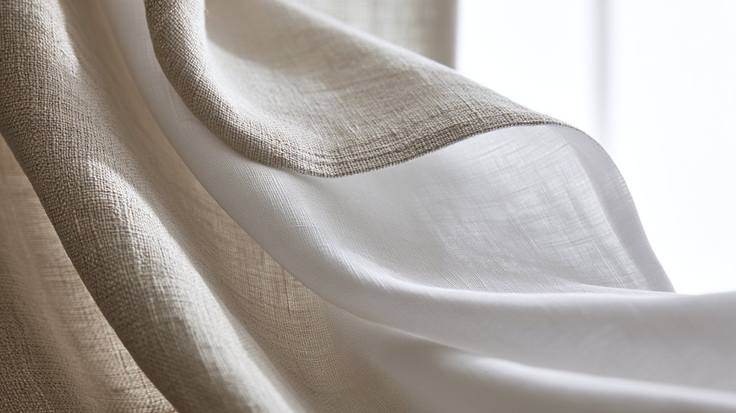 Two layers of curtain fabric at a window, the natural face fabric folded back to reveal the pale lining sewn behind it