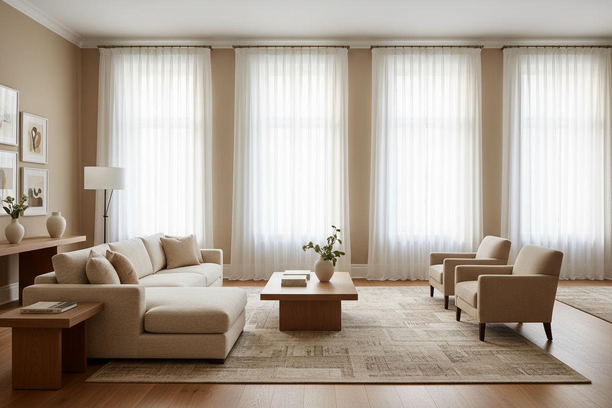 Sun-washed living room with 11-foot ceilings, white pinch-pleat extra-long linen drapes hung near the ceiling, gentle 1–2″ floor break, layered sheers, warm oak floors, soft neutrals.