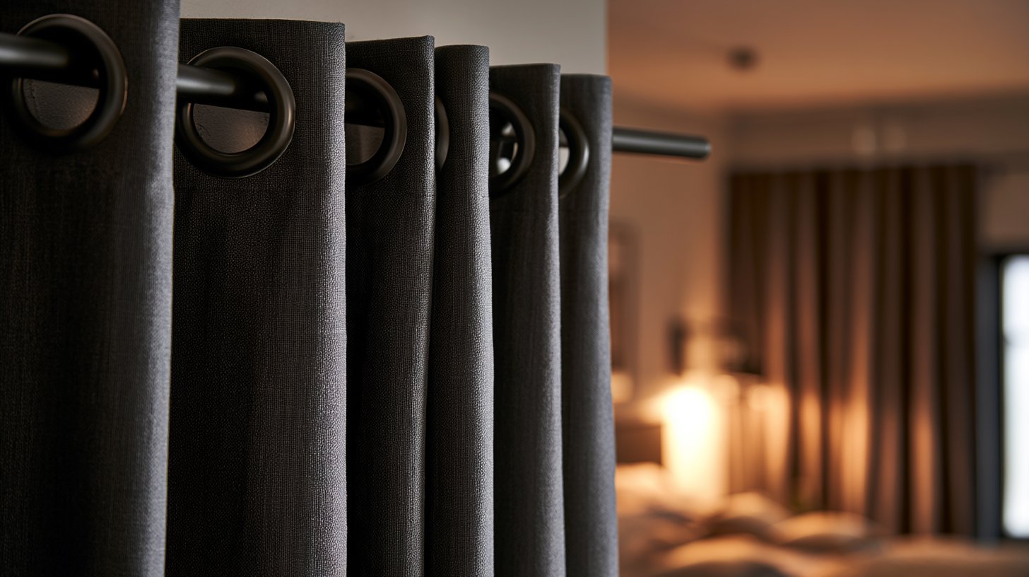 Bedroom with dark grommet curtains hanging in wide soft folds from a matte black decorative rod