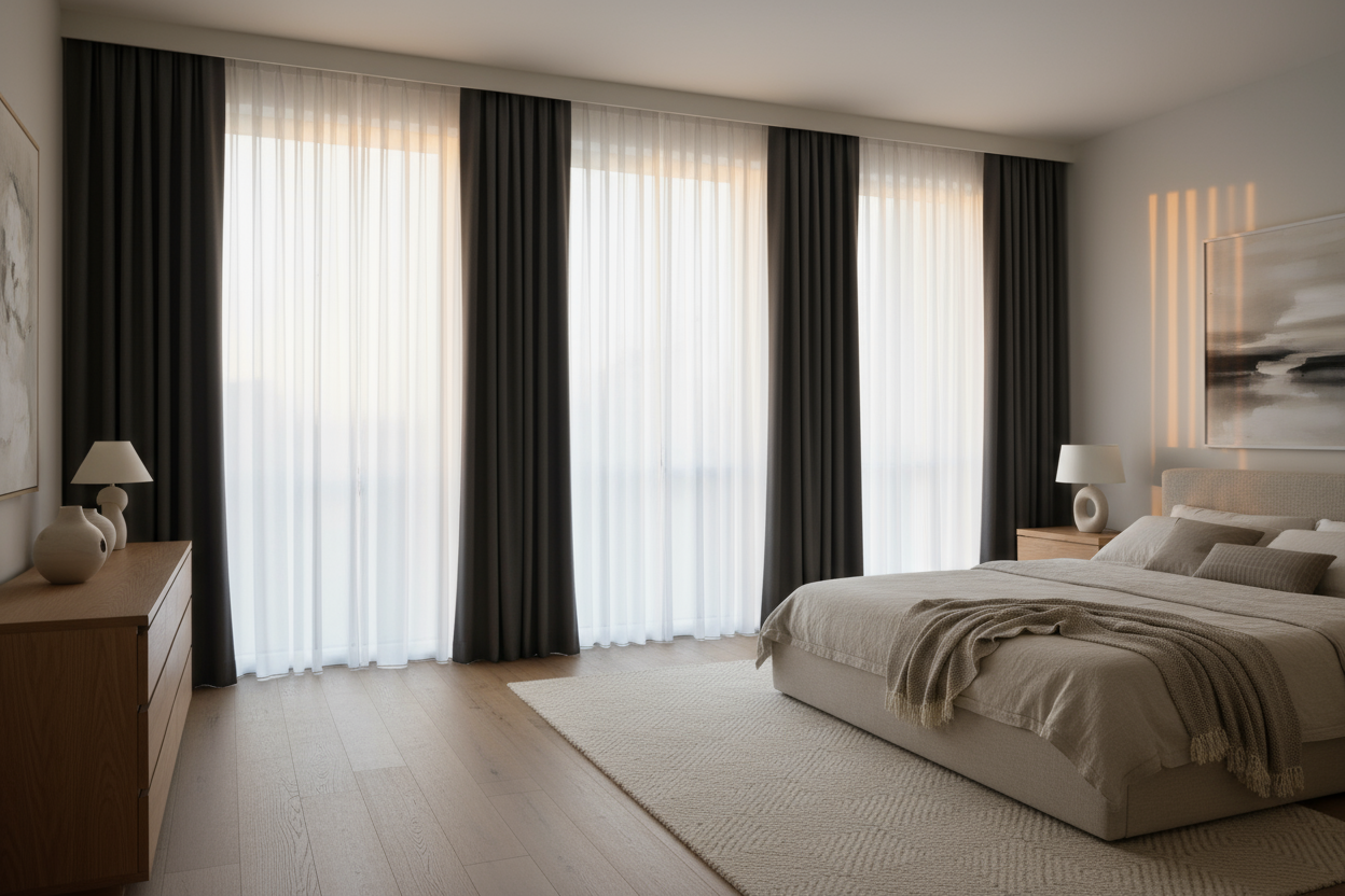 Serene bedroom with matte charcoal blackout curtains on a wraparound rod, layered sheers behind, soft linen bedding, warm wood nightstands, dim morning light.