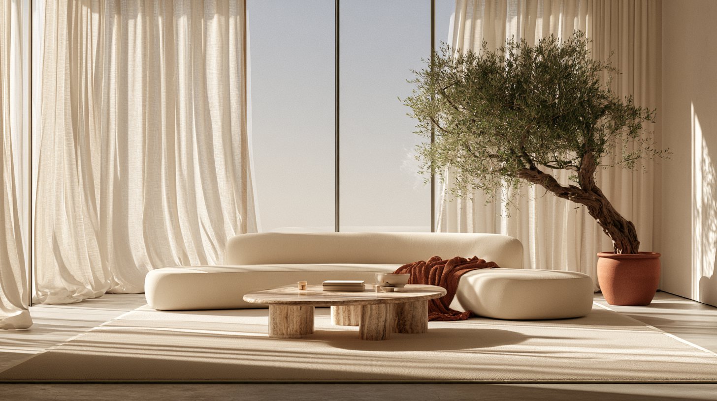 Organic modern living room with an olive tree in a clay pot beside floor-length textured linen curtains in a warm neutral