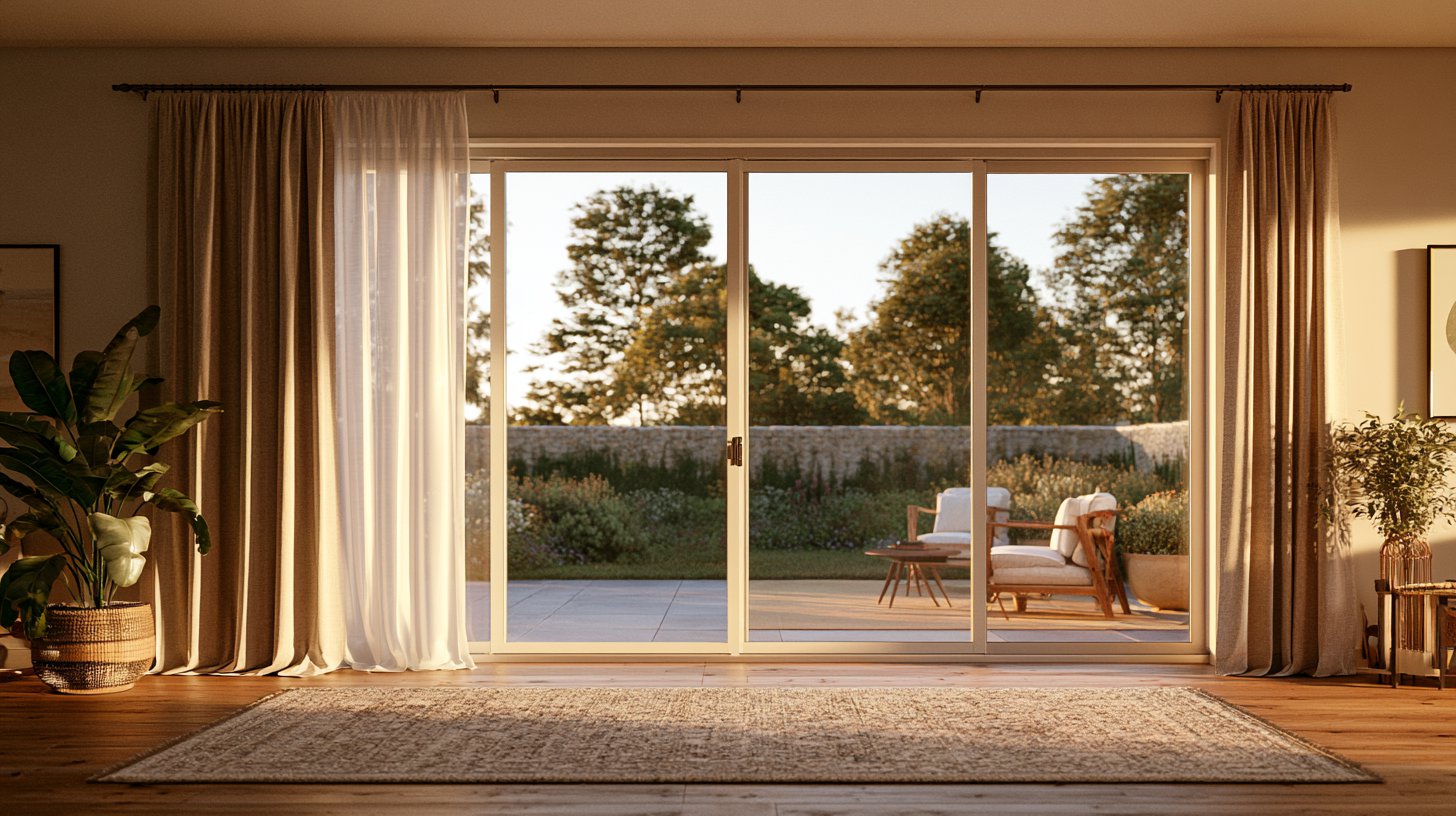 Layered sheer and opaque drapery on a wide sliding glass door in a sunlit living room