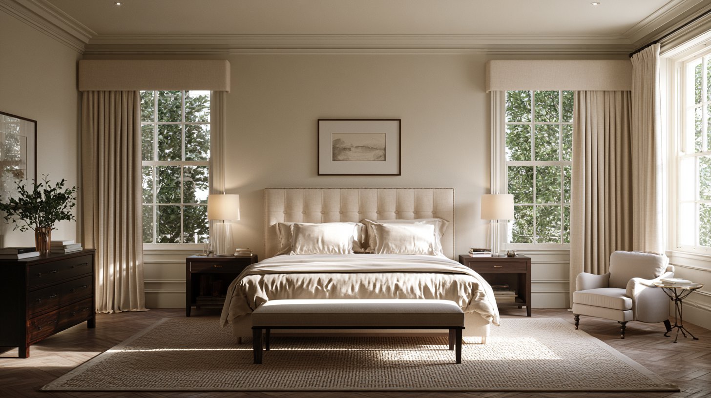 Tailored upholstered cornice above floor-length linen curtains in a modern-classic room