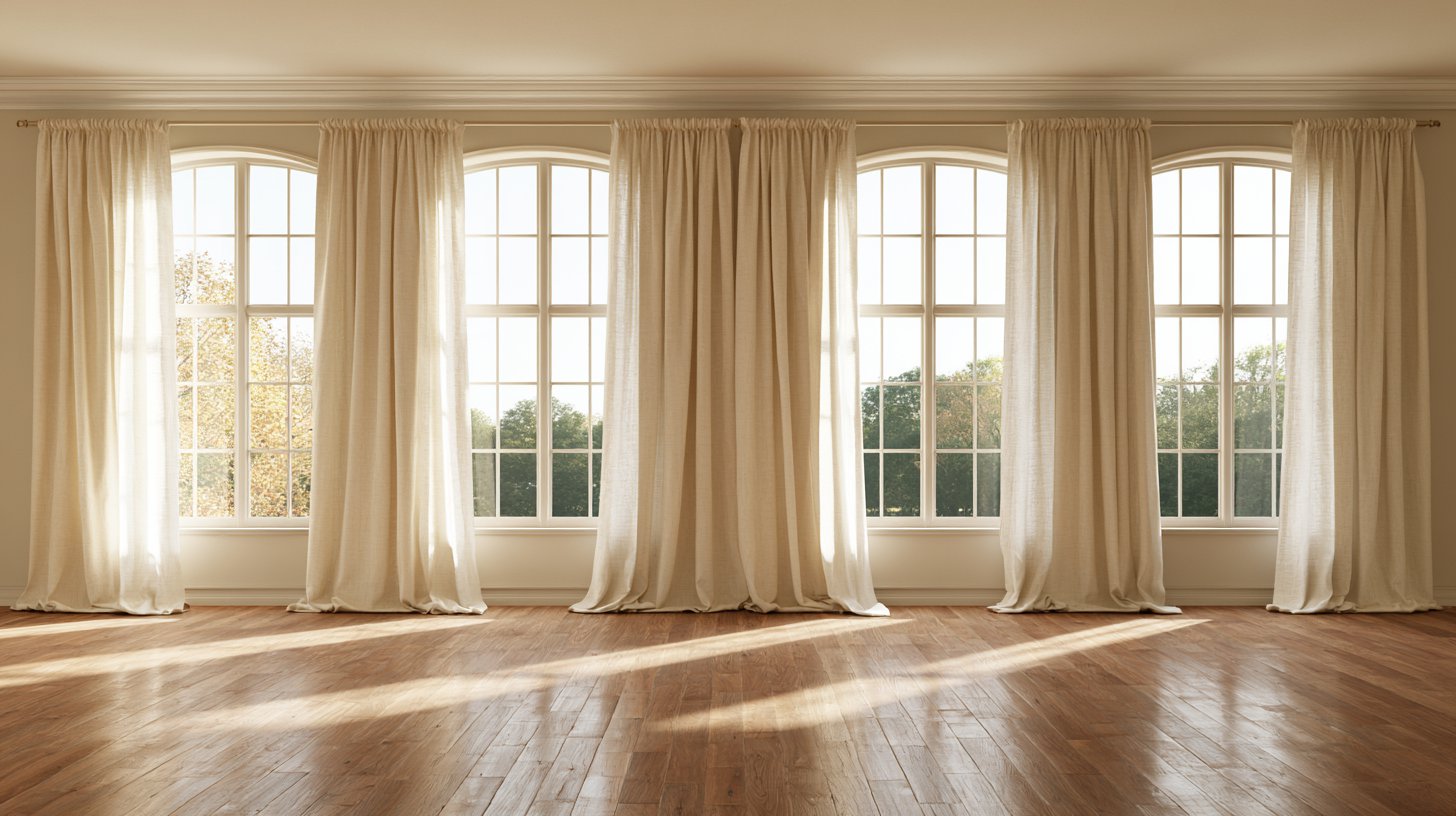 Wide arched window dressed with tall floor-length curtain panels spanning the full run of glass