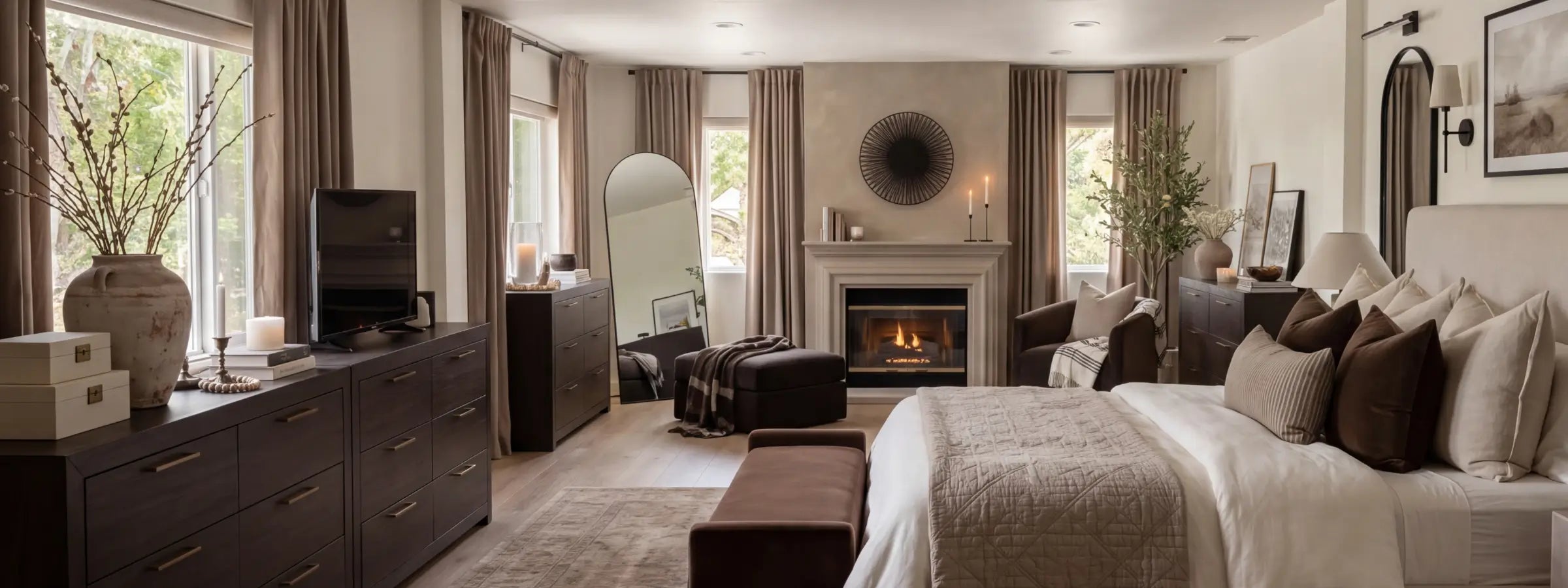 Cozy bedroom curtains in blackout fabrics, ensuring a restful and dark sleep environment.