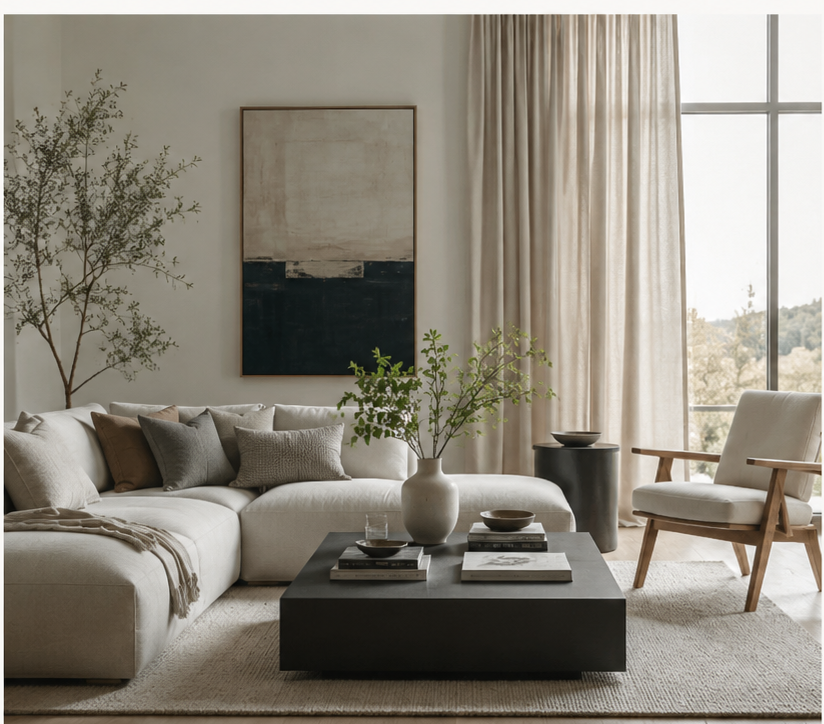 Dining room with beige curtains, a table with a vase and plant, and a sofa.