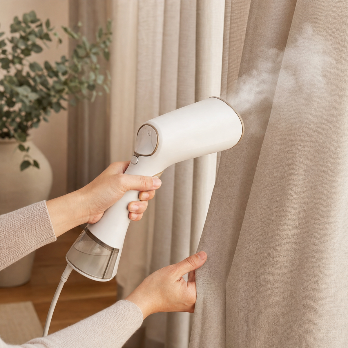 A person uses a white handheld steam cleaner to steam a beige curtain in a home setting, with visible steam rising and a plant in the background.