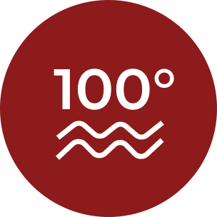 A circular red graphic with white text reading '100°' and two wavy lines below, indicating a high temperature or wash setting.