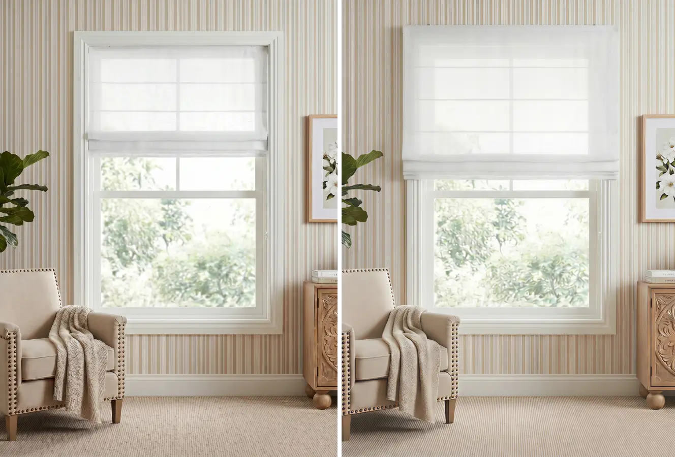 Side-by-side comparison of a room with a window and blinds, featuring a chair and decorative elements.
