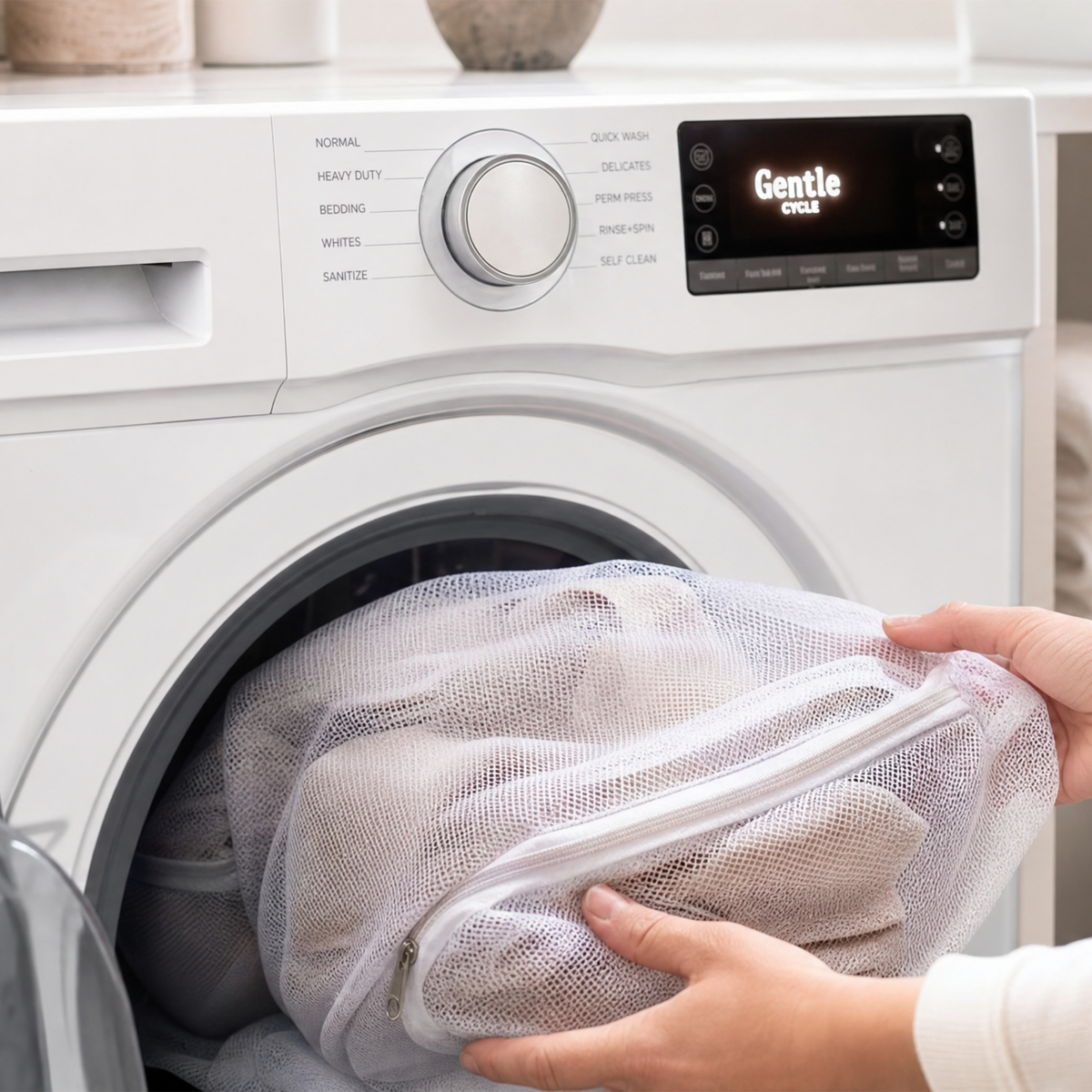 A person's hands are shown placing a white mesh laundry bag filled with light-colored clothes into a white front-loading washing machine. The washing machine has a digital display showing 'Gentle Cold' and a control dial on the top right.