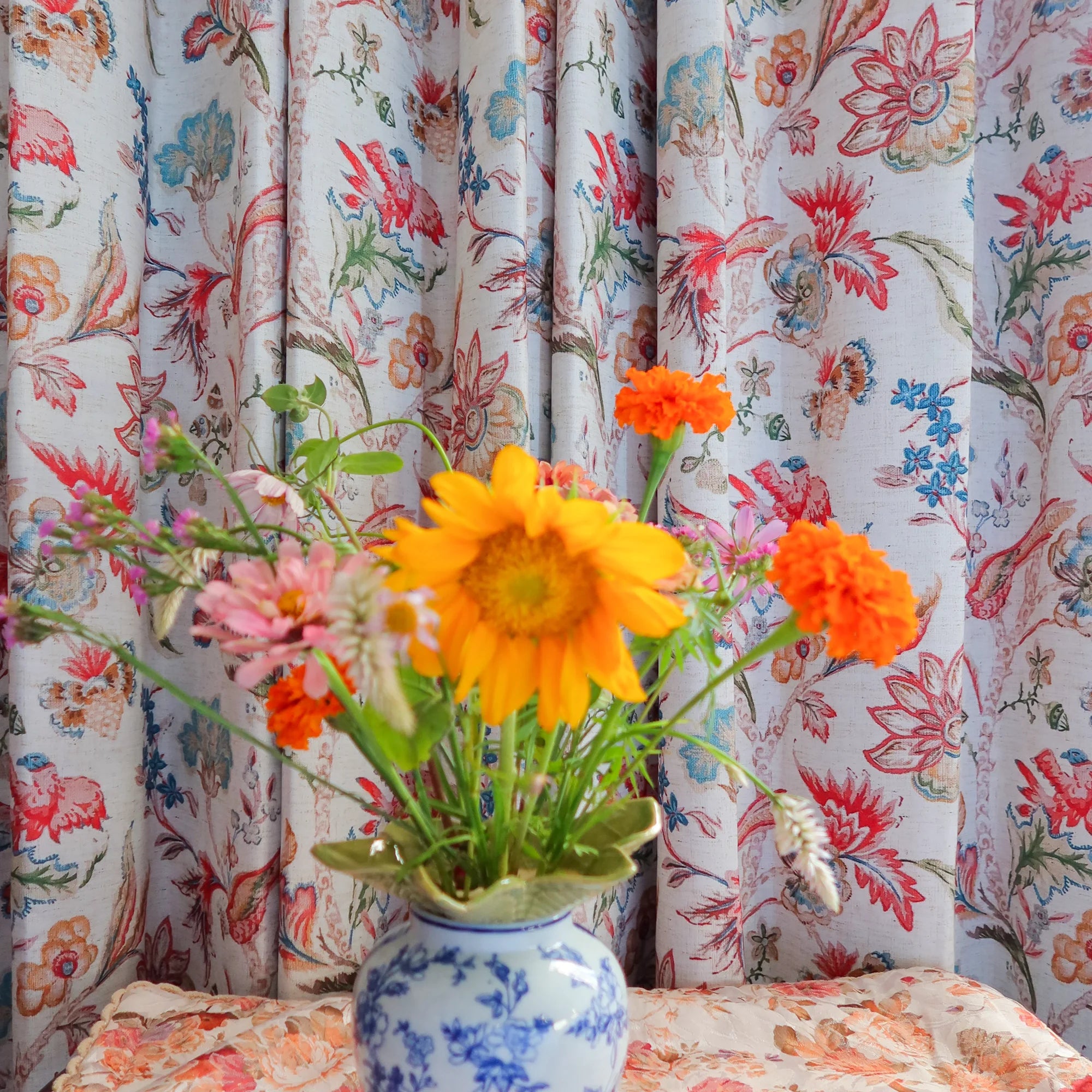 Ada Antique Garden Birds Linen Textured Blackout Drapes