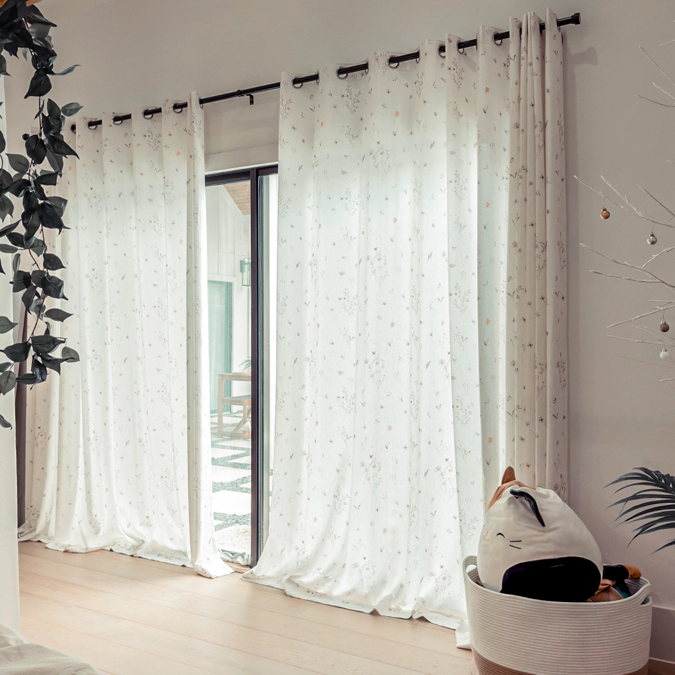 Adelise Butterfly Meadow Mist Beige Linen Textured Floral Sheer Curtains