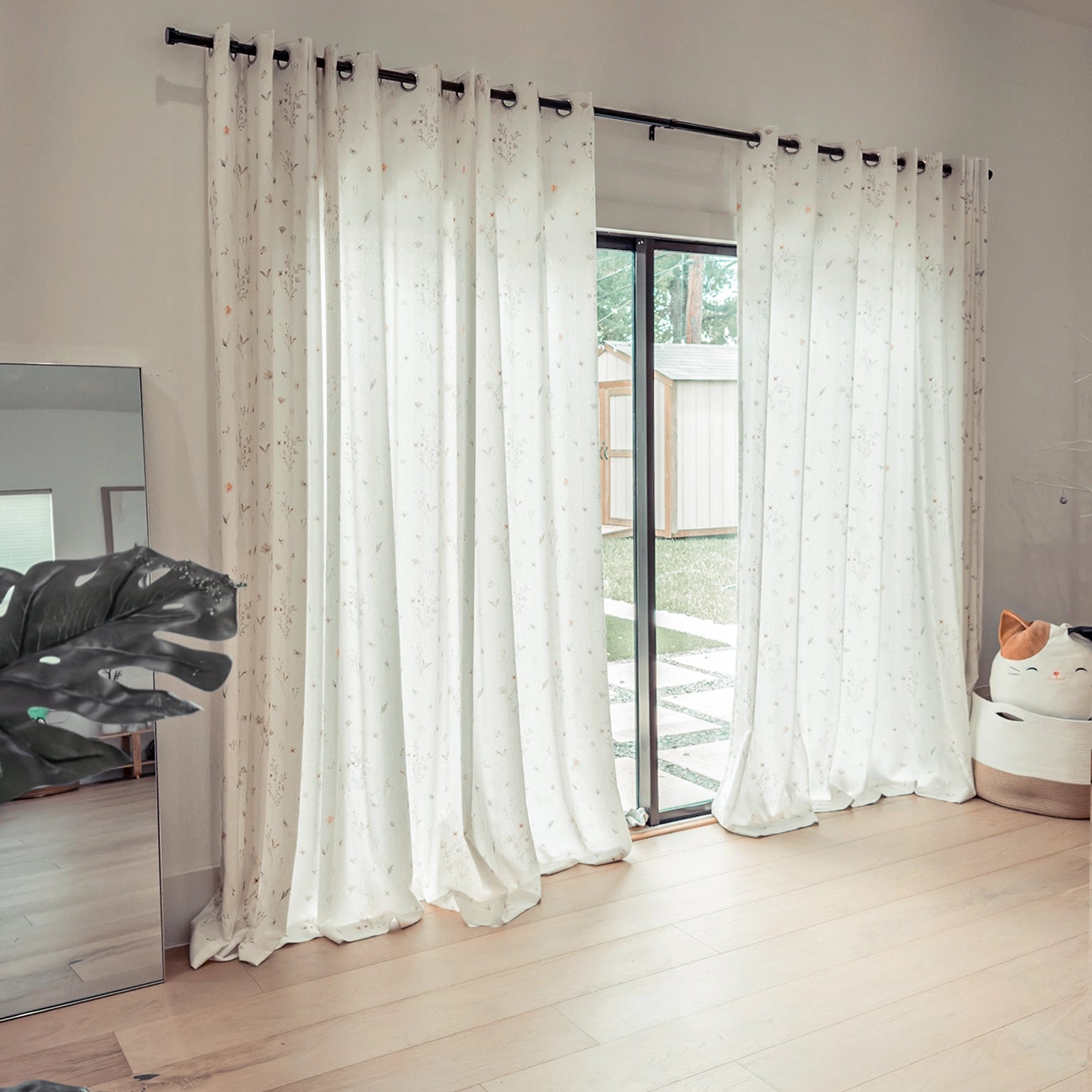 Adelise Butterfly Meadow Mist Beige Linen Textured Floral Sheer Curtains