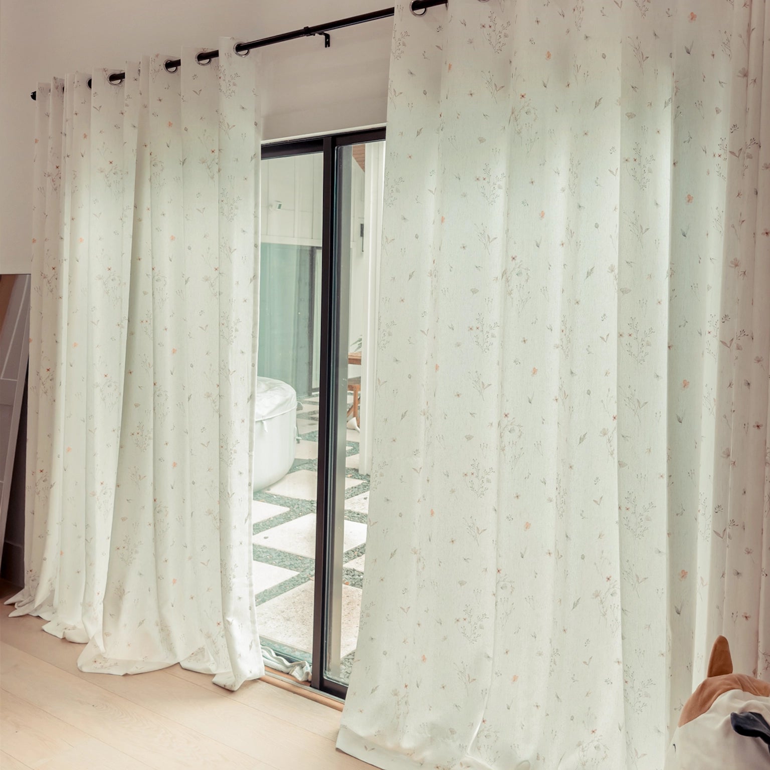 Adelise Butterfly Meadow Mist Beige Linen Textured Floral Sheer Curtains