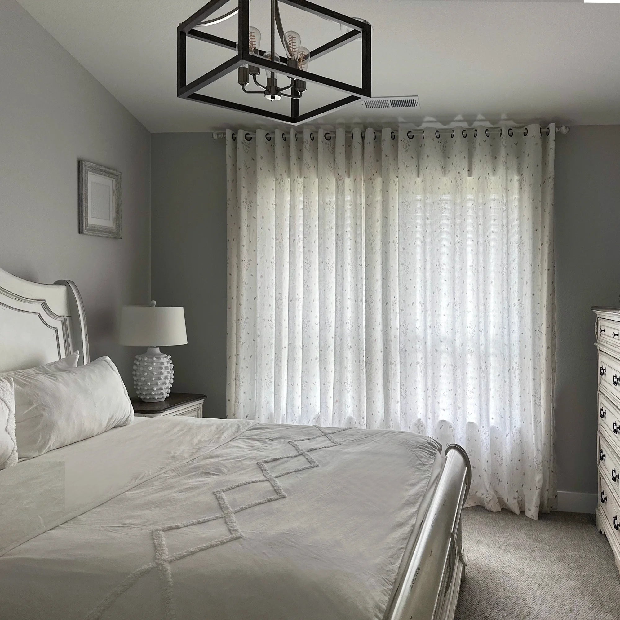 Adelise Butterfly Meadow Mist Beige Linen Textured Floral Sheer Curtains