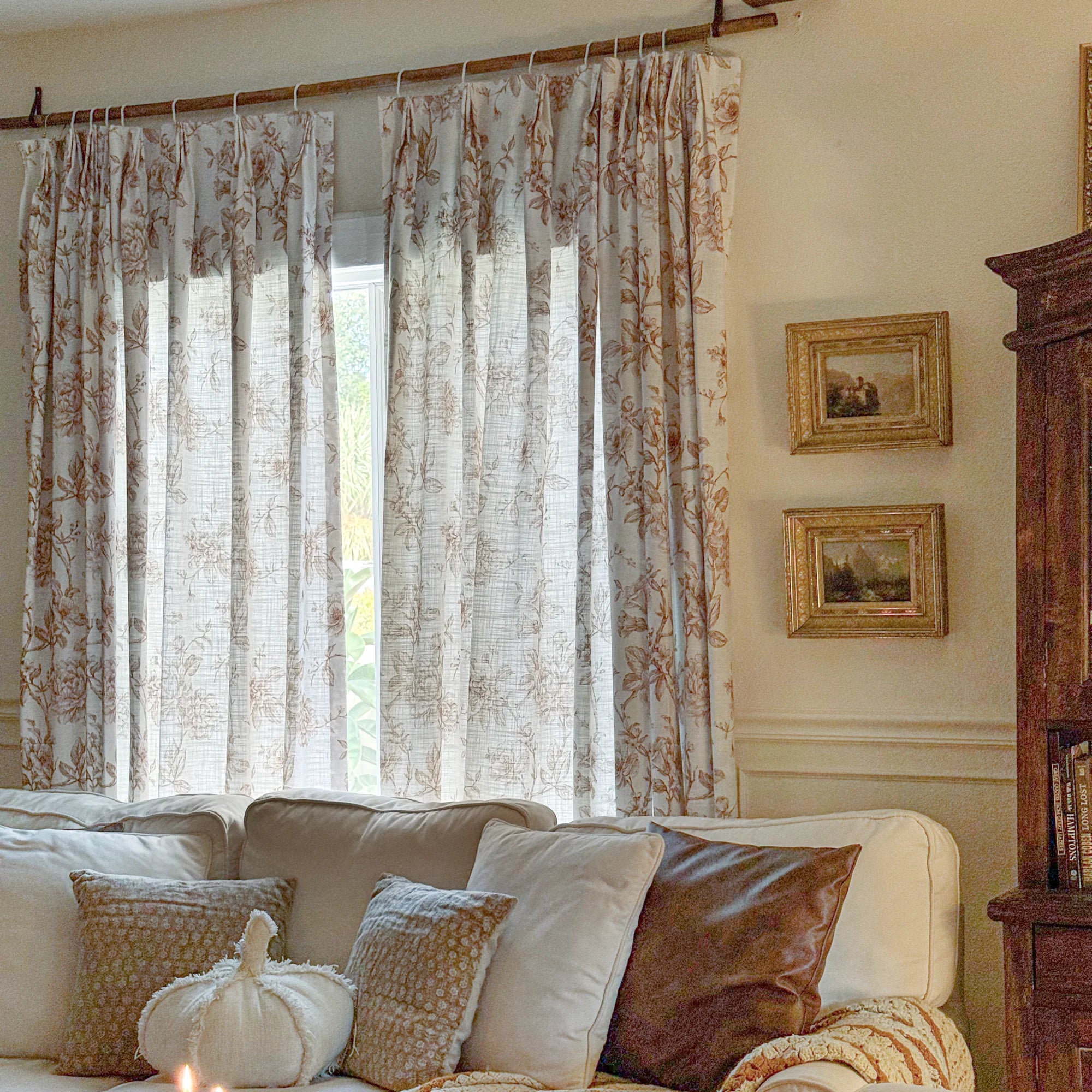 Aveline Print Vintage Mocha Brown Floral Linen Curtains