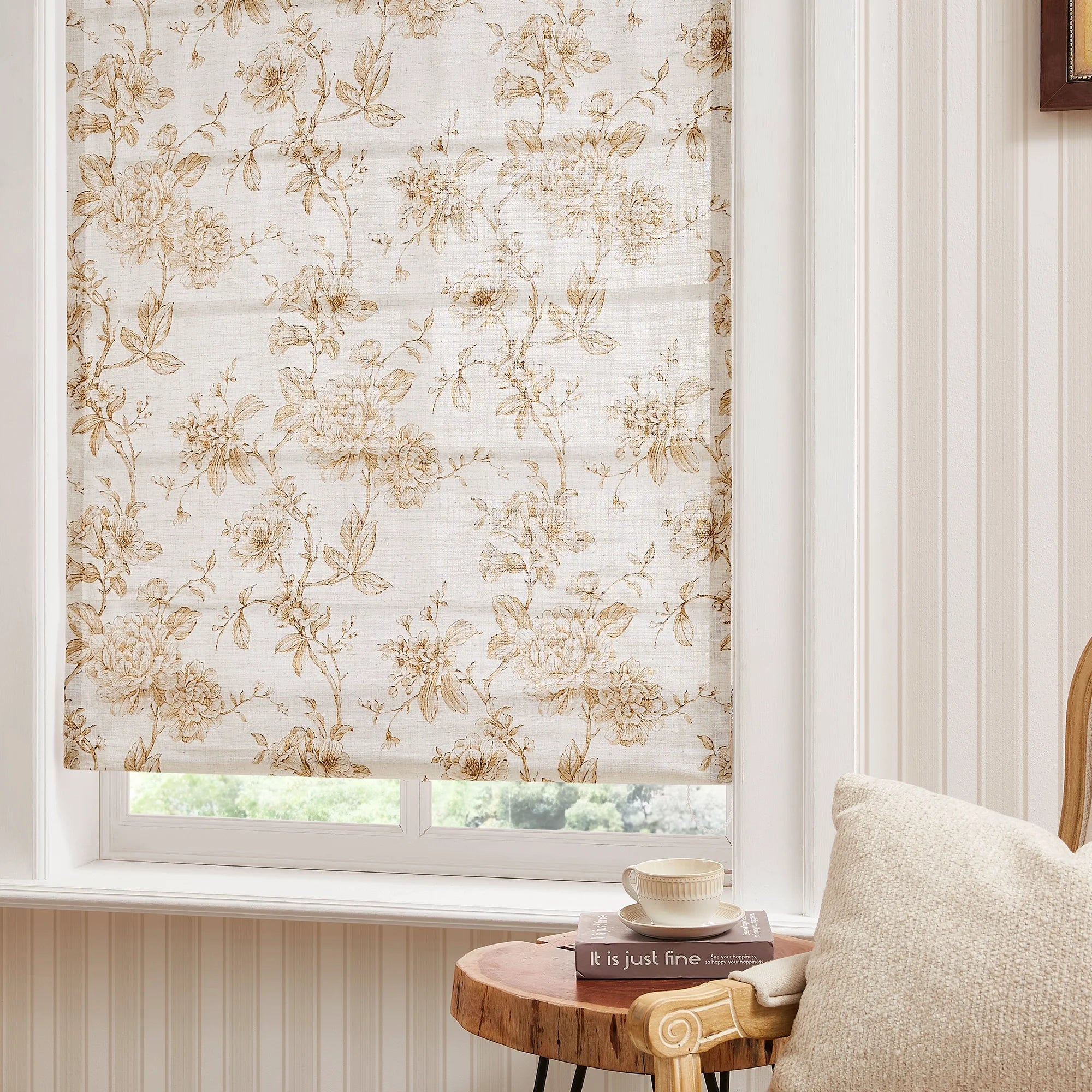 Aveline Print Vintage Mocha Brown Floral Linen Roman Shade: Image H-008_scene_2 showcases the roman shade with elegant vintage mocha brown floral print, natural linen fabric and stylish home scene display.