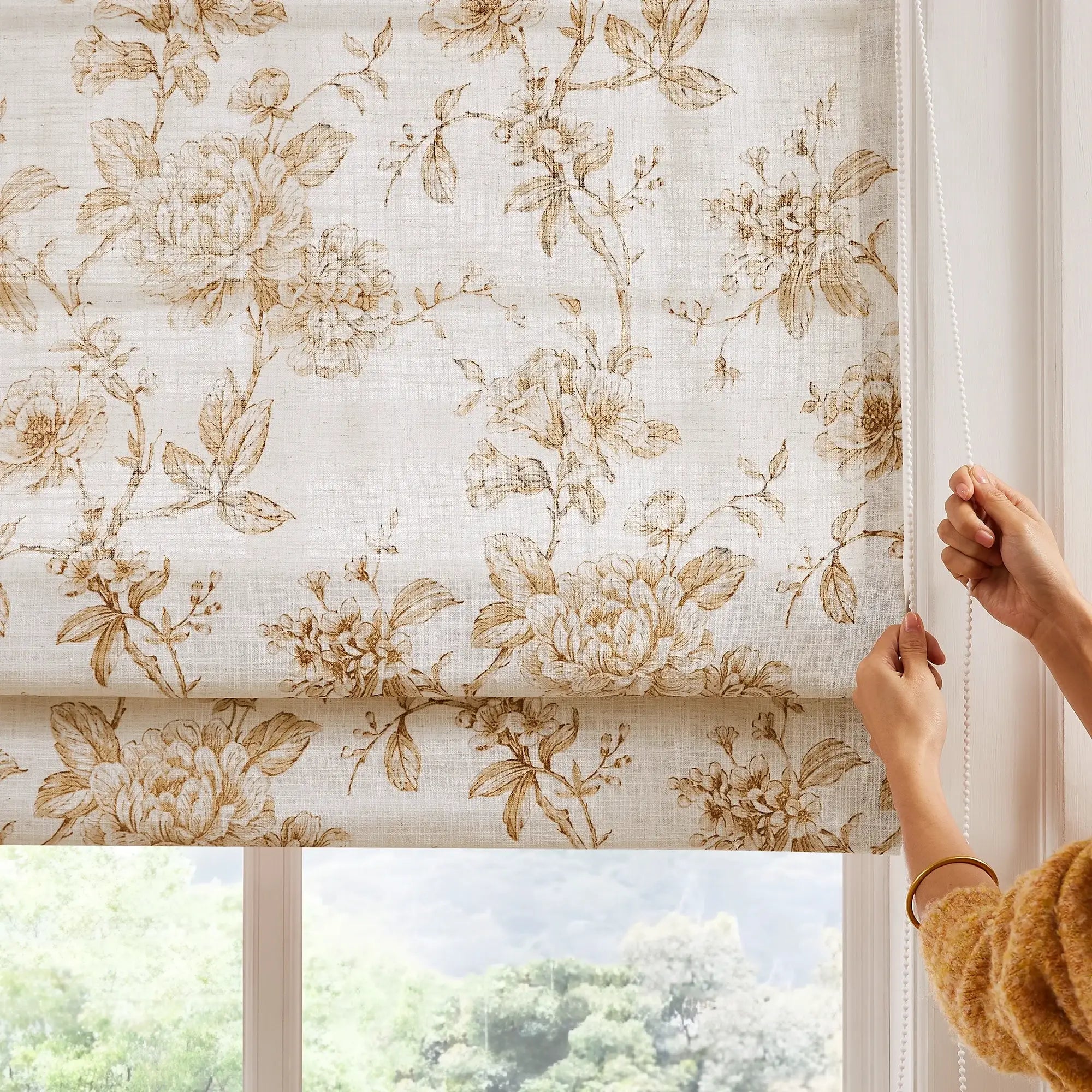 Aveline Print Vintage Mocha Brown Floral Linen Roman Shade: Image H-008_scene_3 showcases the roman shade with elegant vintage mocha brown floral print, natural linen fabric and stylish home scene display.