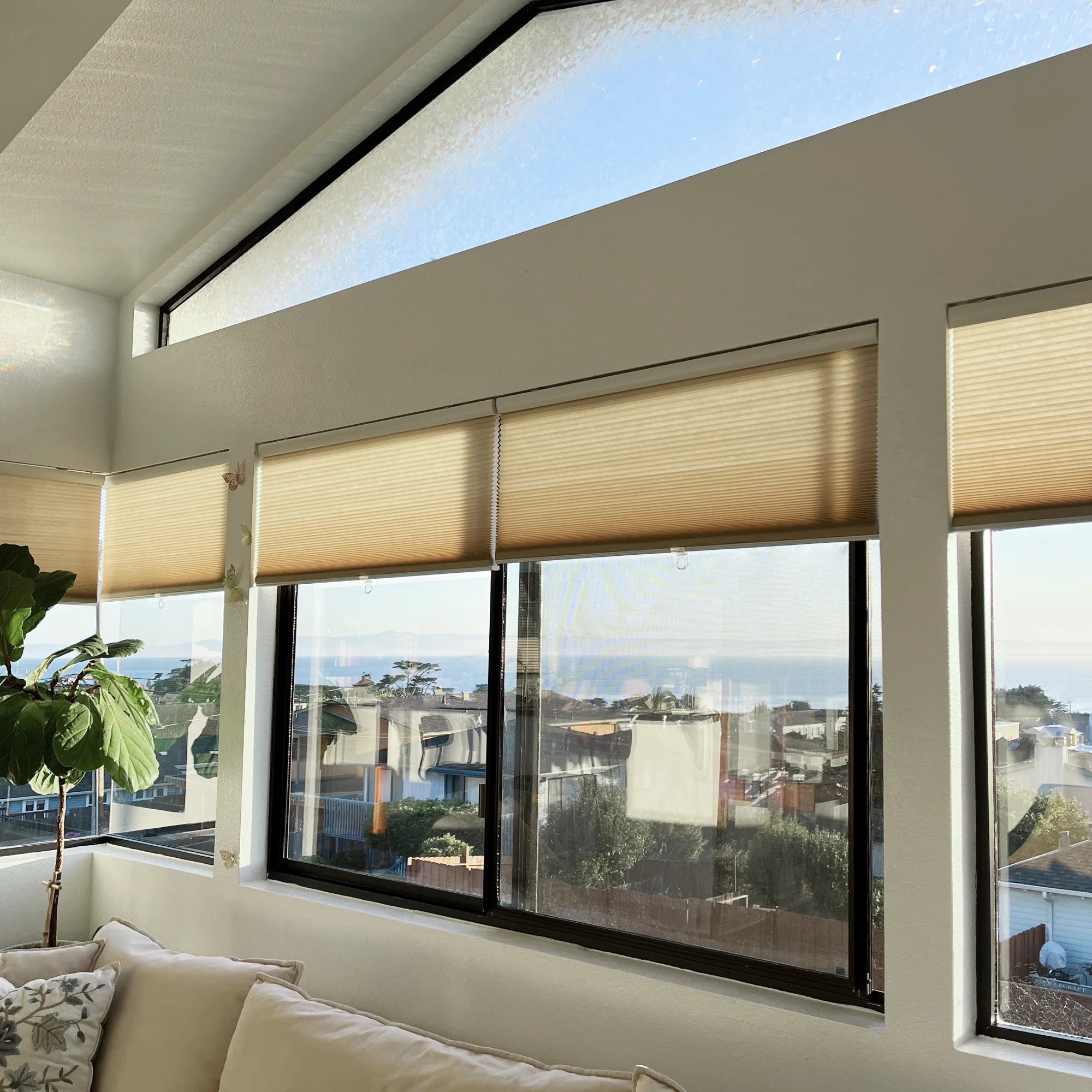 Avenia Linen Beige cordless light filtering cellular shades, custom fit and smooth operation