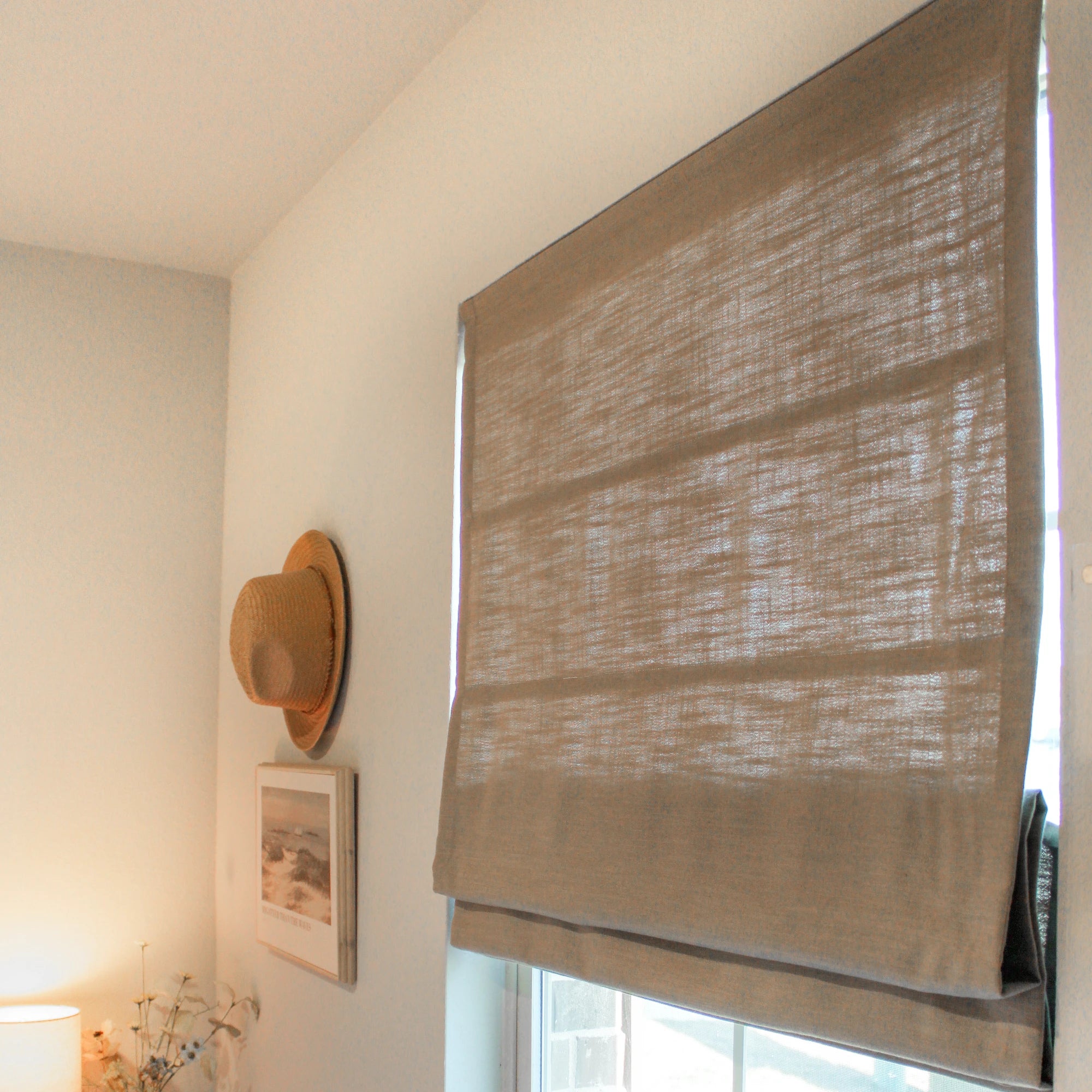 Celina Pale Olive Green Linen Curtains: Image 8823-20-5 shows the pale olive green linen roman shade with elegant folds and soft light filtering.