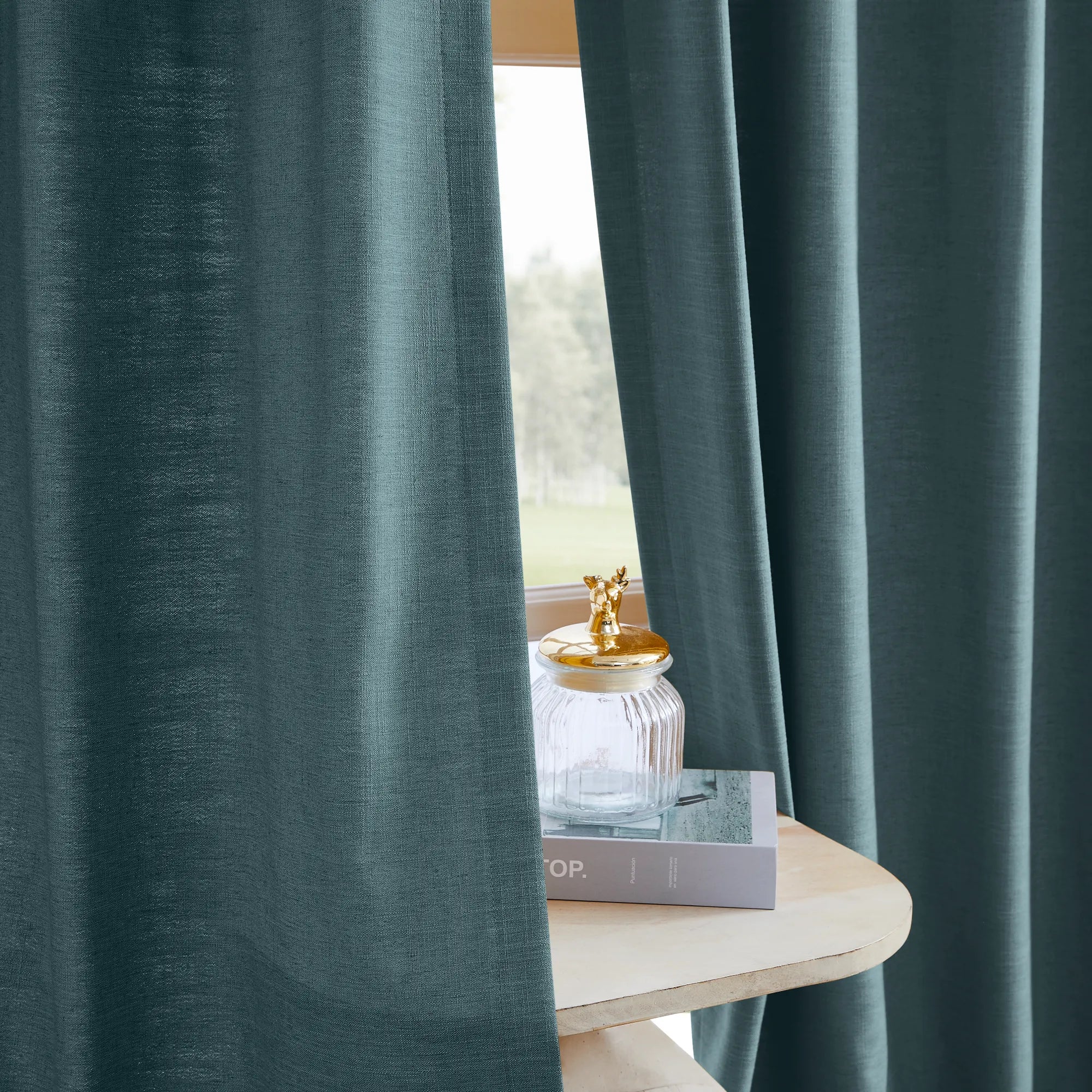 Celina 8823-17  linen curtains detail view showing fabric texture in a modern living room scene 