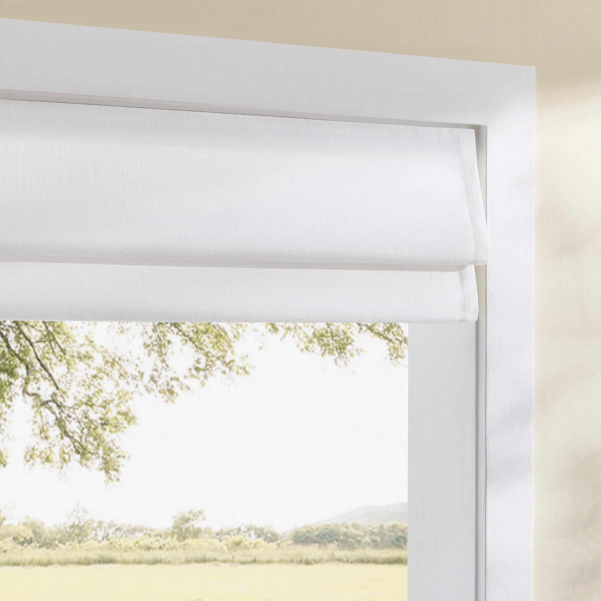 Celina 8823-0 elegant pleated Roman shades view 3 showcasing the classic fabric drapes for home interior spaces