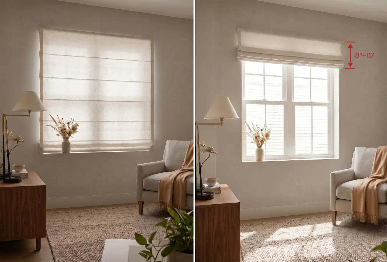 Living room with window treatments and furniture, including a lamp and plant.