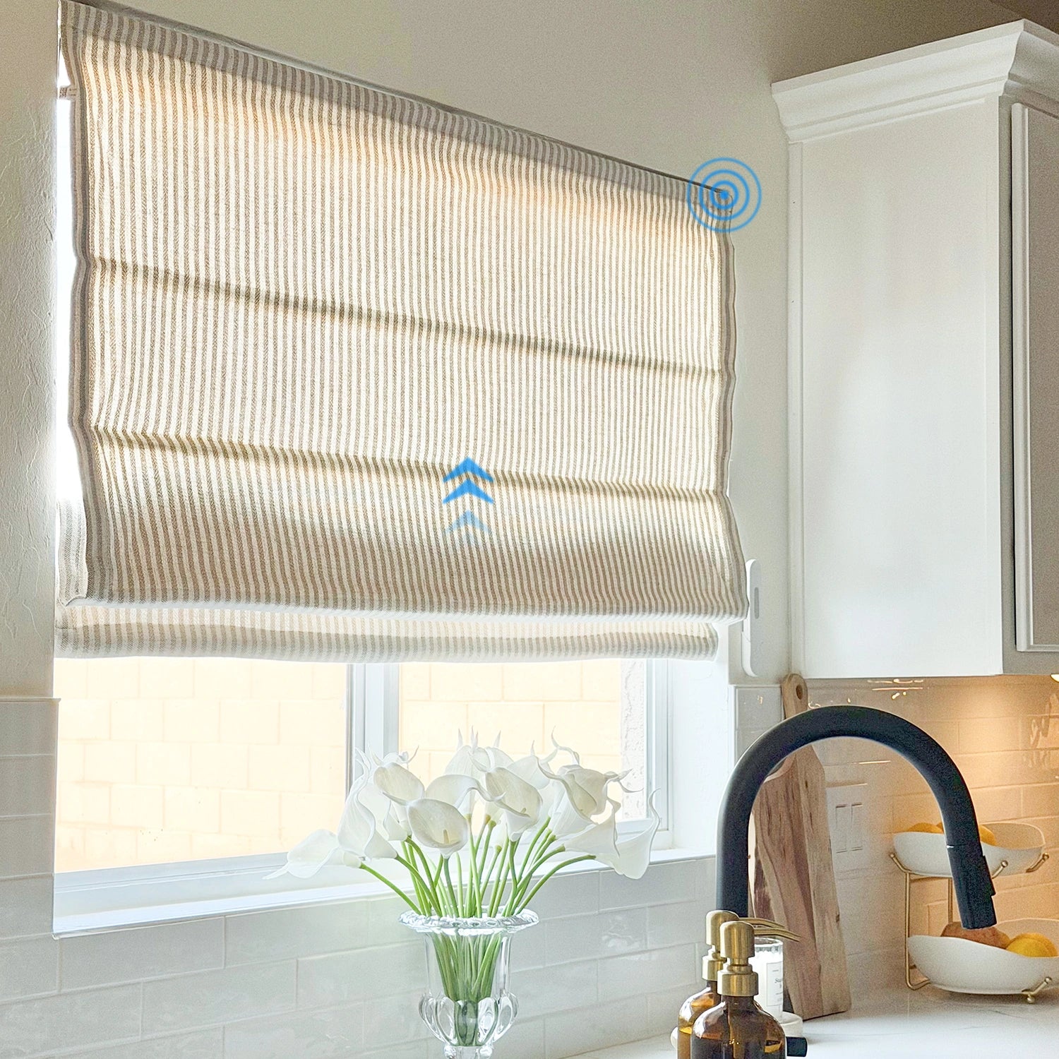 Clarissea Smart Motorized Linen Fine Stripe Roman Shades