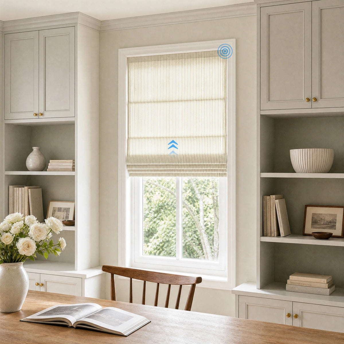 Clarissea Smart Motorized Linen Fine Stripe Roman Shades