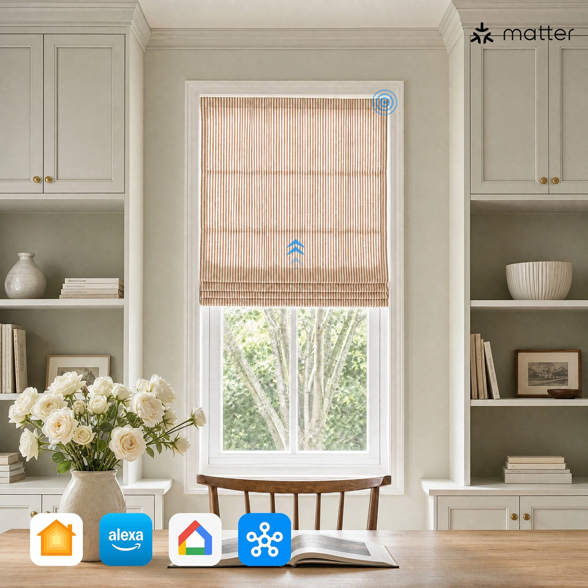 Clarissea Smart Motorized Linen Fine Stripe Roman Shades
