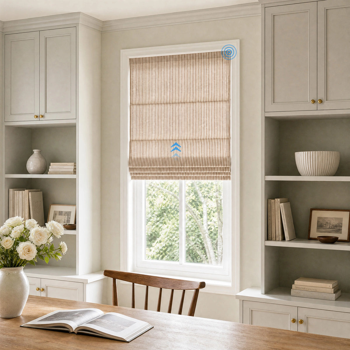 Clarissea Smart Motorized Linen Fine Stripe Roman Shades
