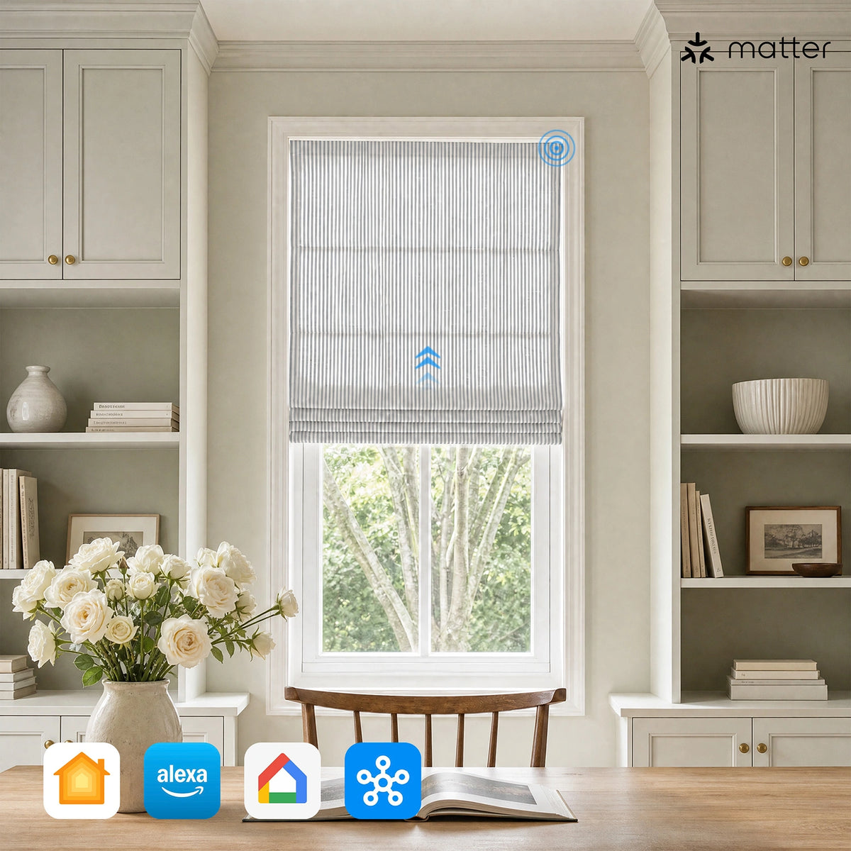 Clarissea Smart Motorized Linen Fine Stripe Roman Shades