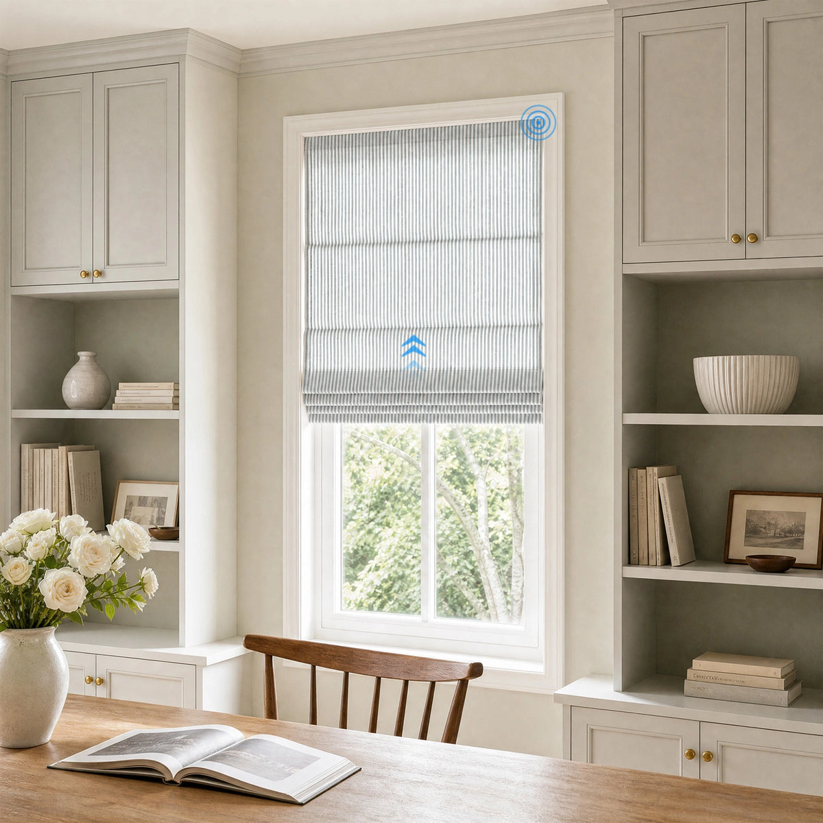 Clarissea Smart Motorized Linen Fine Stripe Roman Shades