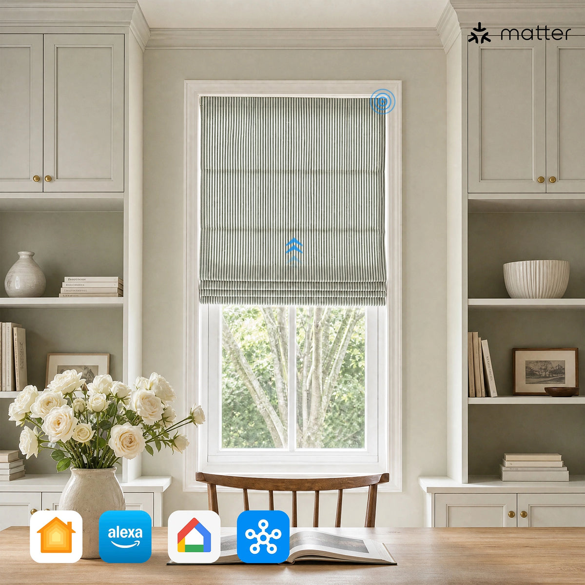 Clarissea Smart Motorized Linen Fine Stripe Roman Shades
