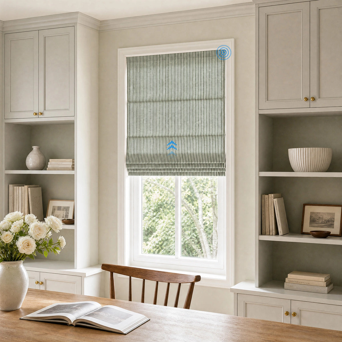 Clarissea Smart Motorized Linen Fine Stripe Roman Shades