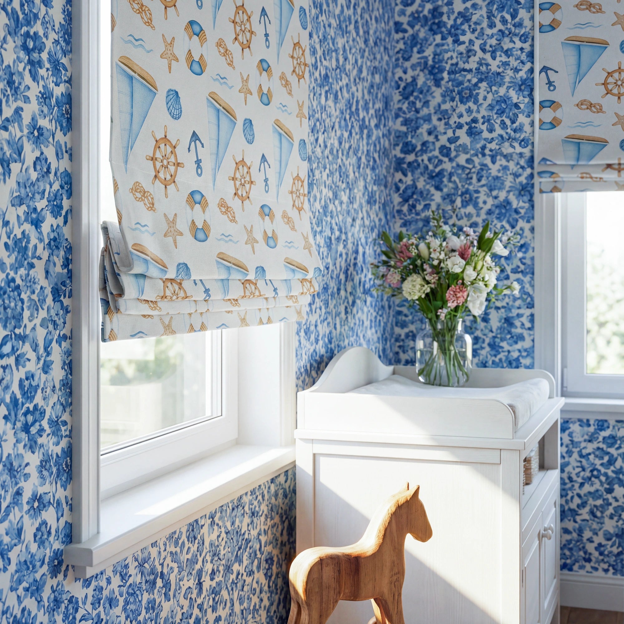 Cora Ahoy Nautical Print Pattern Roman Shades: Image scene_2 showcases the roman shade with classic nautical print pattern, high-quality fabric and elegant home scene coordination.