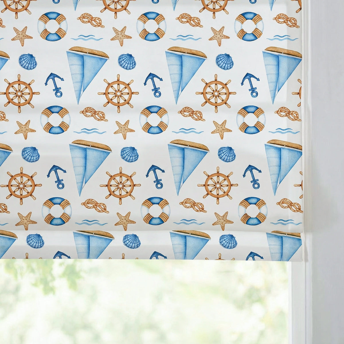 Cora Ahoy Nautical Print Pattern Roman Shades: Image scene_3 showcases the roman shade with classic nautical print pattern, high-quality fabric and elegant home scene coordination.