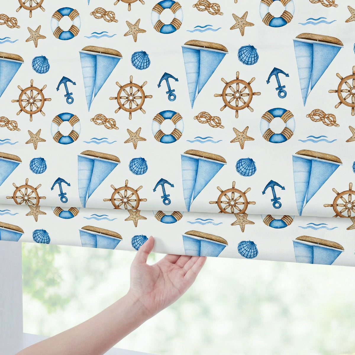 Cora Ahoy Nautical Print Pattern Roman Shades: Image scene_4 showcases the roman shade with classic nautical print pattern, high-quality fabric and elegant home scene coordination.