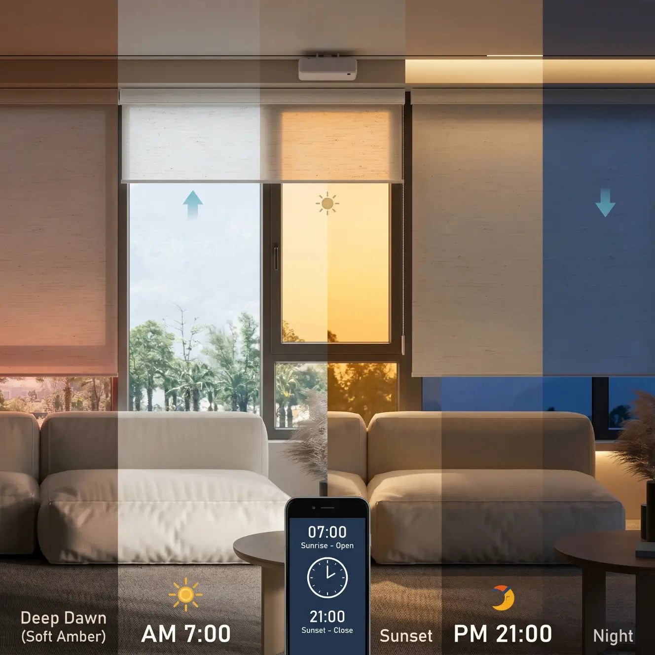 Smart home control system with smartphone app displaying time and weather information in a living room.