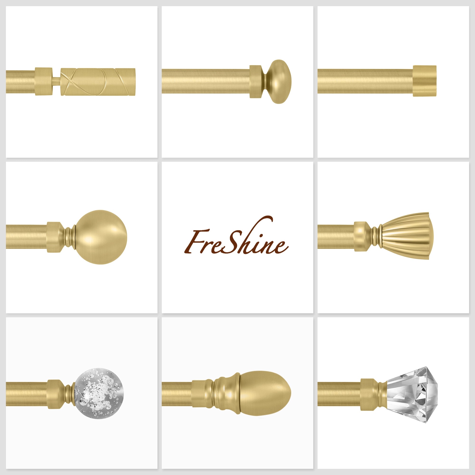 Collins Single Decorative Custom Curtain Rods Gold-10, detailed view showcasing different styles of the golden decorative custom curtain rod