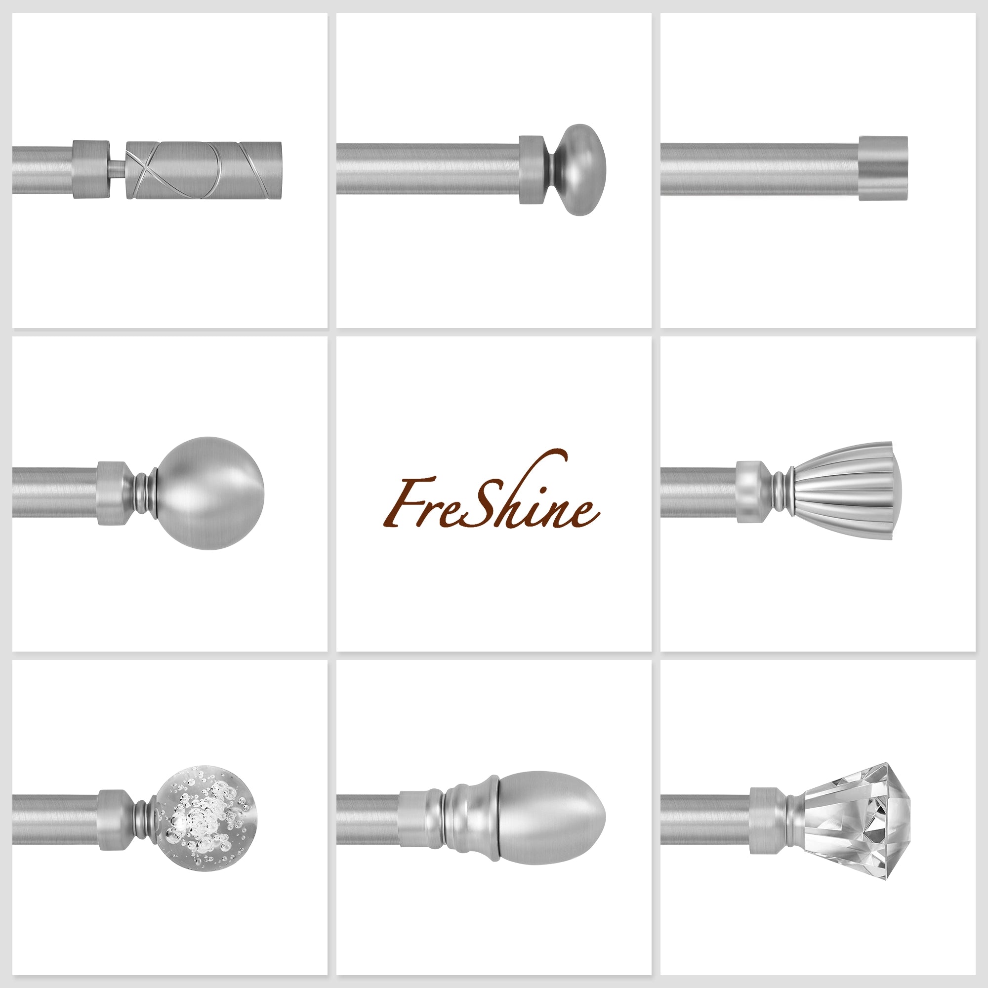 Collins Single Decorative Custom Curtain Rods Nickel-1, detailed view showcasing different styles of the silver decorative custom curtain rod
