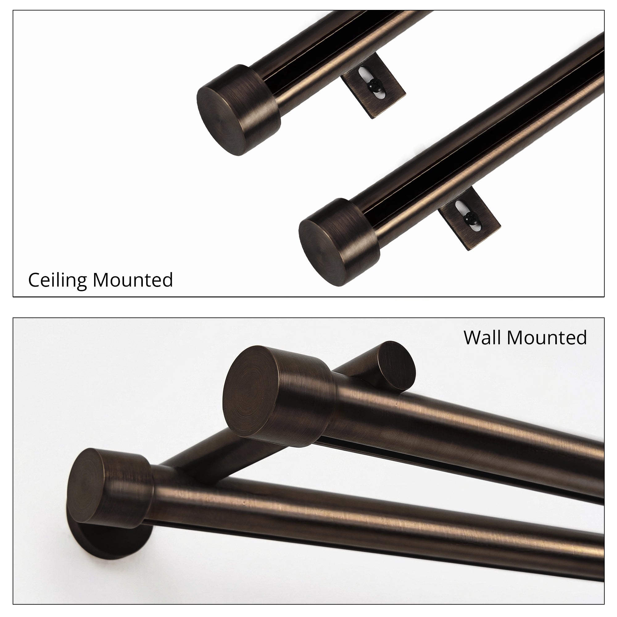 Darian Single Custom Traverse Curtain Rod in Antique Bronze finish showing floor plan view of rod with connector usage demonstration