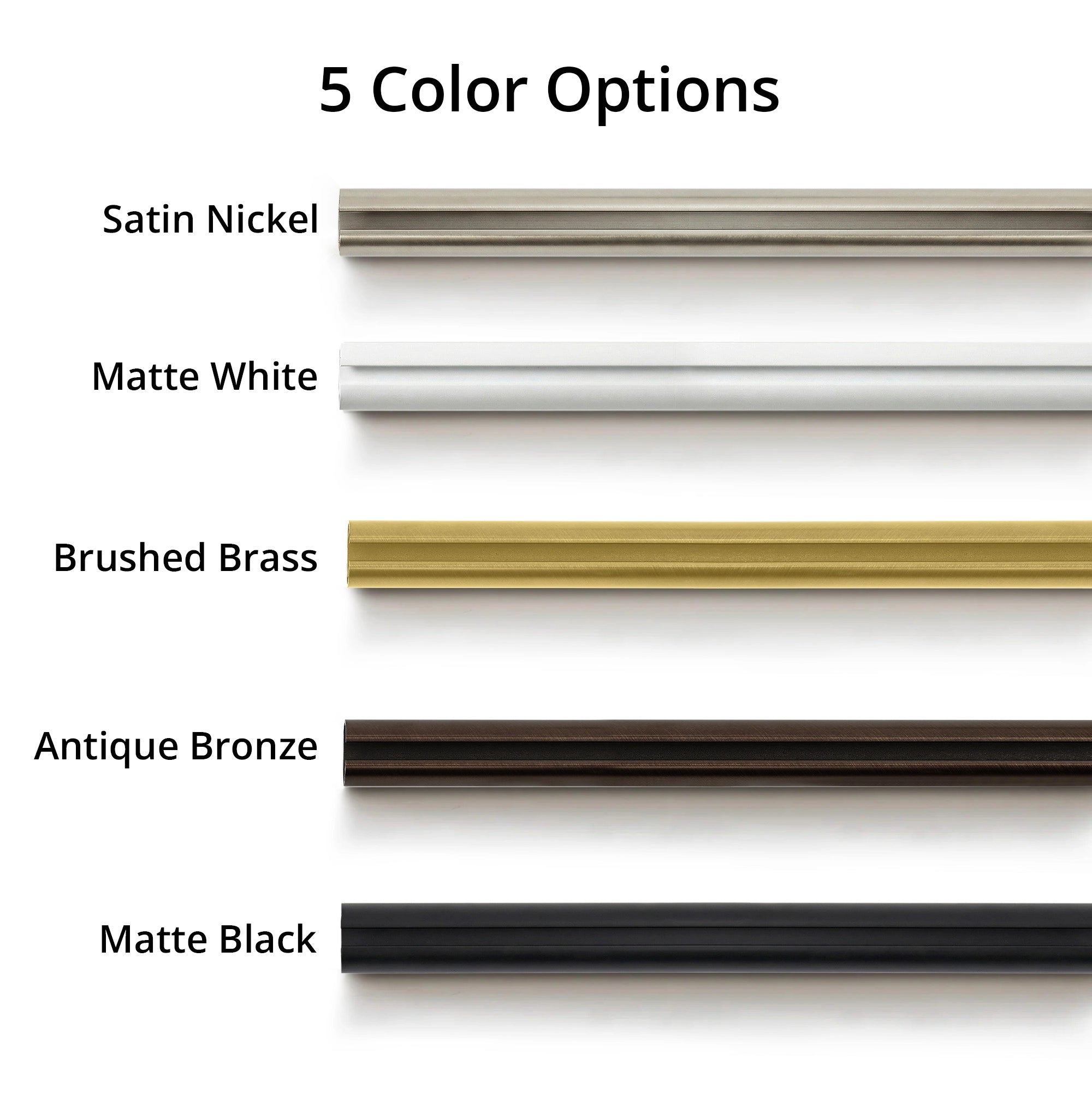 Darian Single Custom Traverse Curtain Rod Rod-5 showing traverse curtain rod with display of different available color finishes