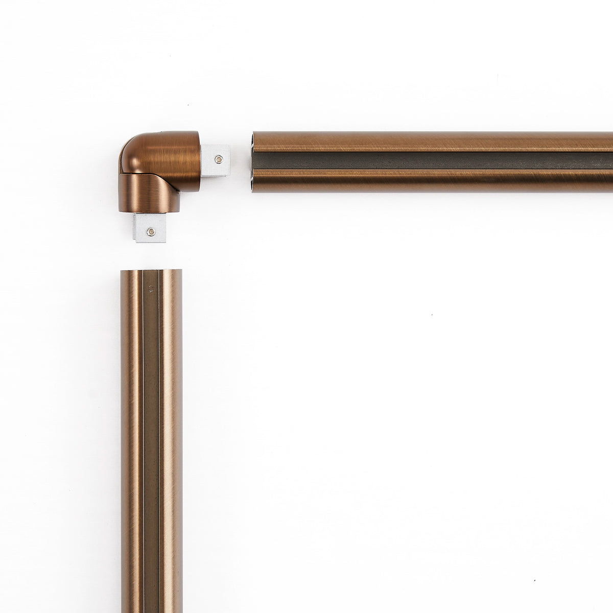 Darian Single Custom Traverse Curtain Rod Rod-10 in Antique Bronze finish showing floor plan view of rod with exploded view of curtain rod connector