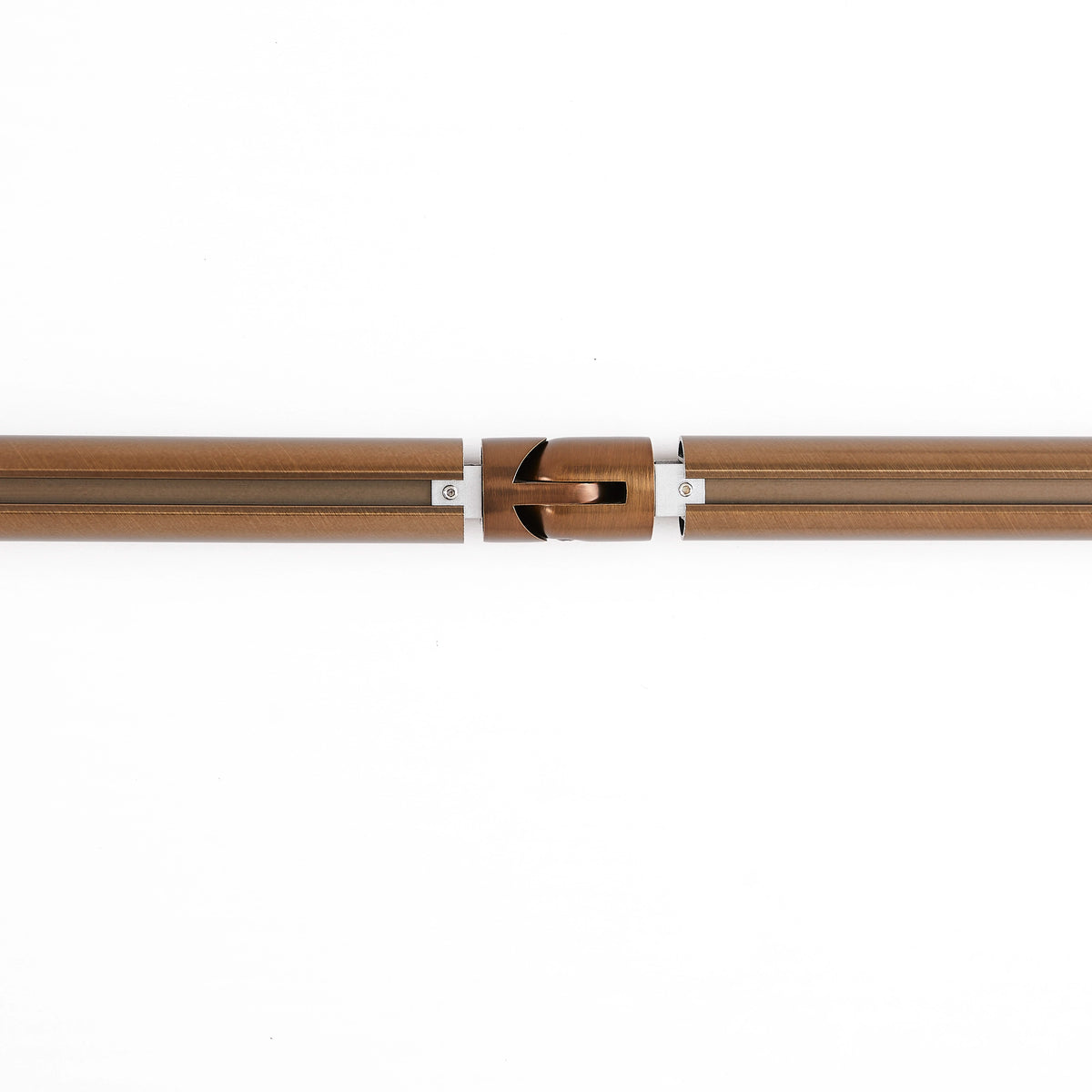 Darian Single Custom Traverse Curtain Rod Rod-13 in Antique Bronze finish showing exploded floor plan view of rod with connector usage